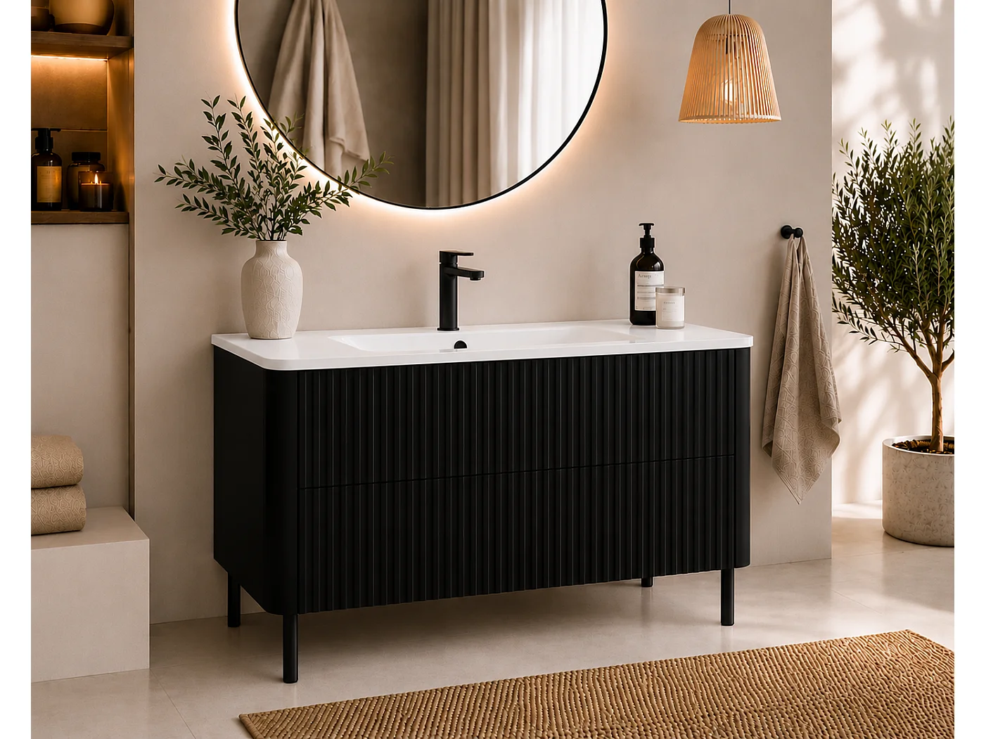 Badezimmerschrank 120, Schwarz, mit Waschbecken, Beine schwarz, 120,7 x 44,4 x 64,9 cm