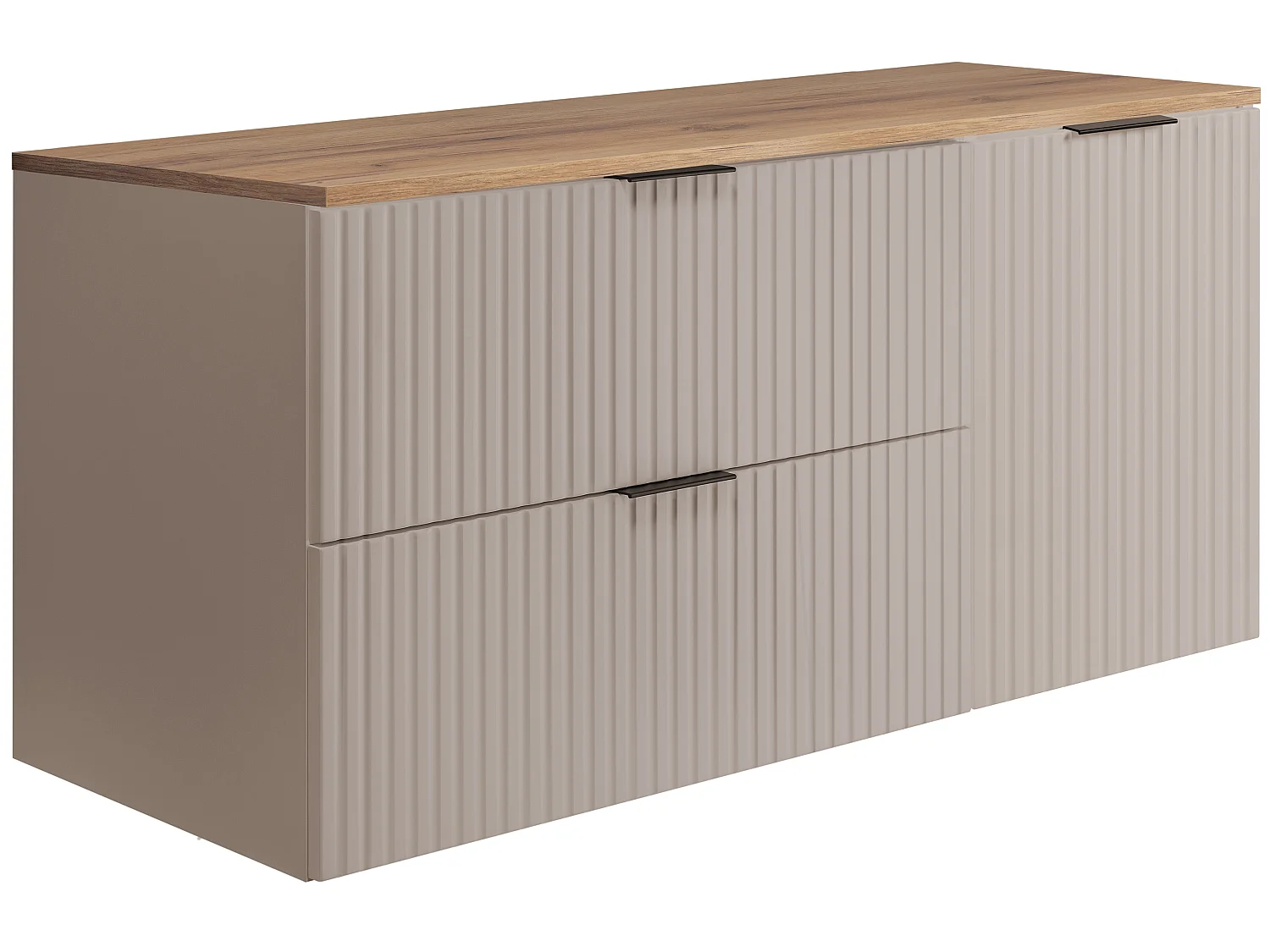 Badmöbel-Set mit Wäschekorb und Platte, schwarze Griffe, Kaschmir/Helle Eiche, 120 x 46 x 58,6 cm