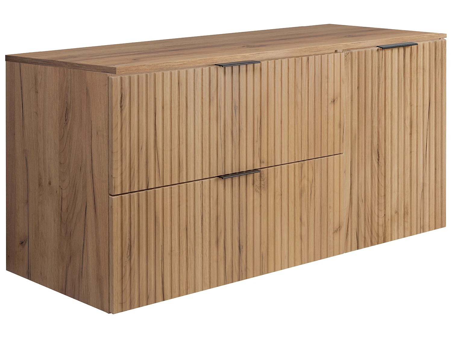 Badmöbel-Set mit Wäschekorb und Platte, schwarze Griffe, Craft-Eiche, 120 x 46 x 58,6 cm