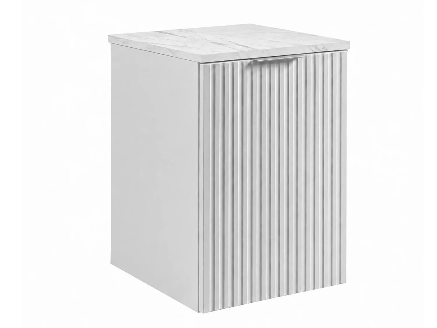 Vägghängt badrumsskåp med korg, Vit / skiva Bianco-marmor, handtag silver, 40 x 46 x 58,6 cm