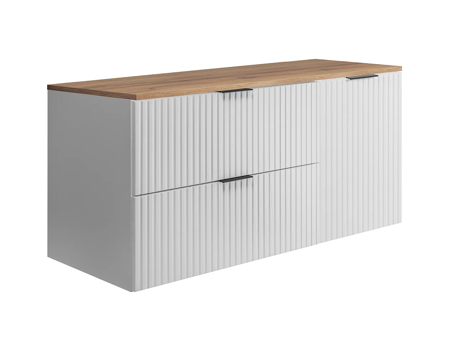 Badrumsmöbelset med tvättkorg och bänkskiva, svarta handtag, vit/ljus ek, 120 x 46 x 58,6 cm