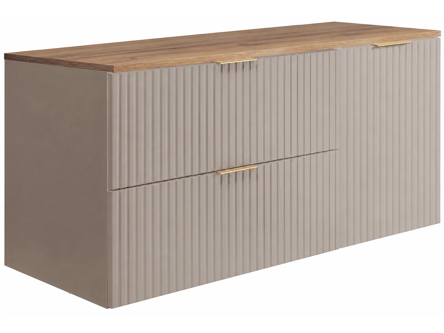 Badmöbel-Set mit Wäschekorb und Platte, goldene Griffe, Kaschmir/Helle Eiche, 120 x 46 x 58,6 cm