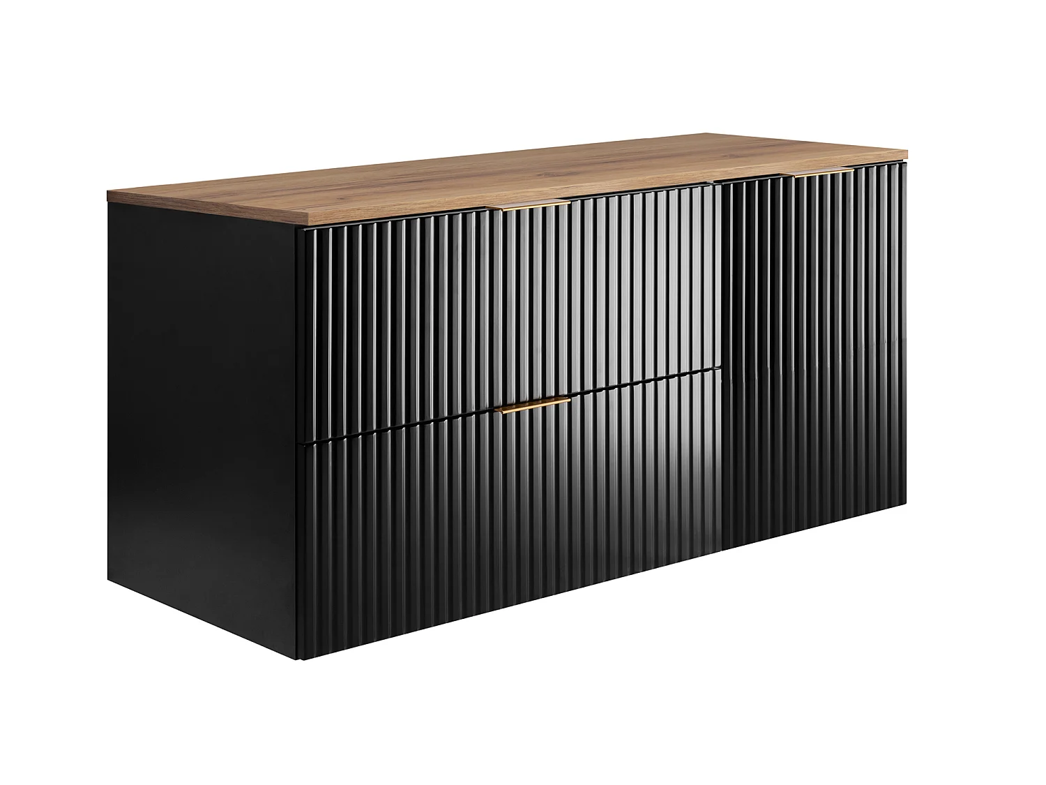 Badmöbel-Set mit Wäschekorb und Platte, goldene Griffe, Schwarz/Craft-Eiche, 120 x 46 x 58,6 cm