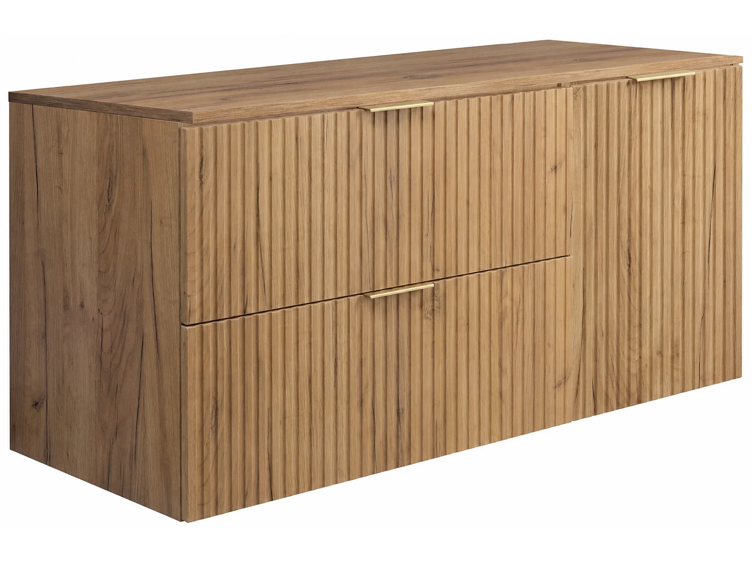 Badmöbel-Set mit Wäschekorb und Platte, goldene Griffe, Craft-Eiche, 120 x 46 x 58,6 cm
