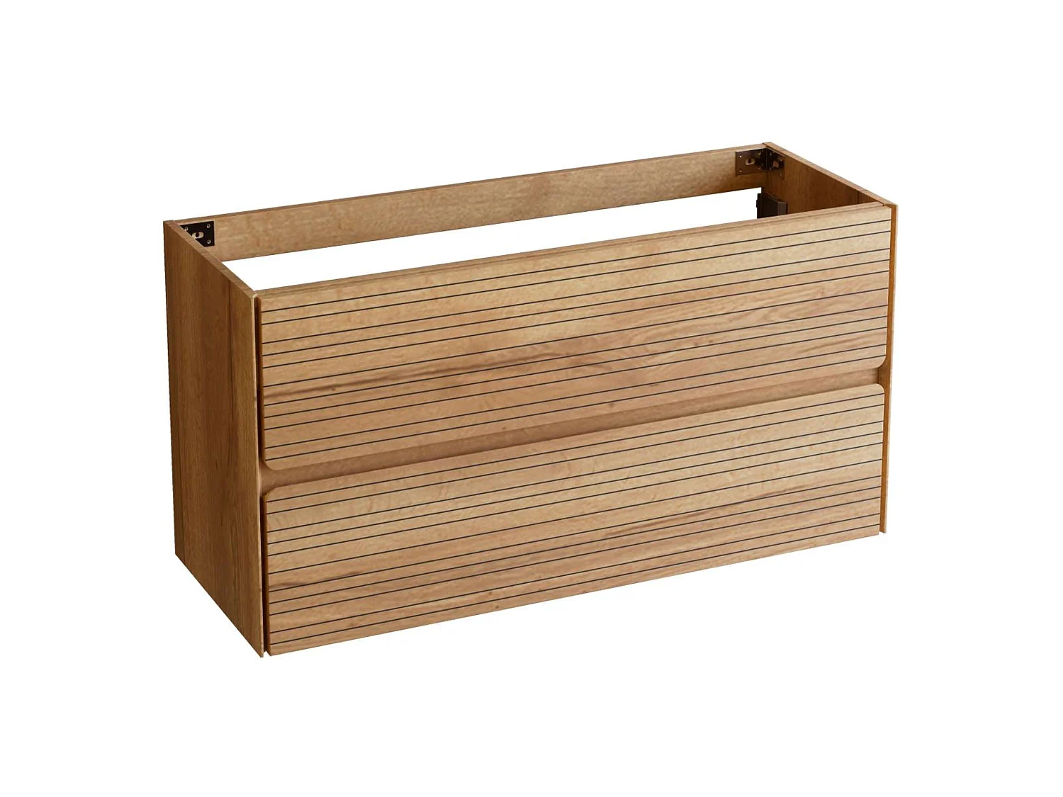 Badkamermeubel 100 cm medium eiken "Sand" met greige mineraal keramische wastafel Lanicor, 2 lades, H54 x P45 cm, Mod. RANDOM