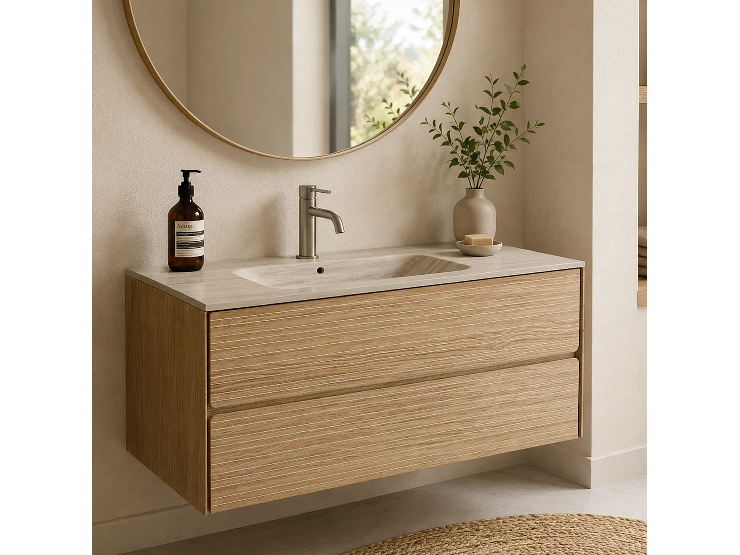 Meuble salle de bain 100 cm chêne clair "Mud" avec vasque céramique Lanicor greige minéral, 2 tiroirs, H54 x P45 cm, Mod.RANDOM
