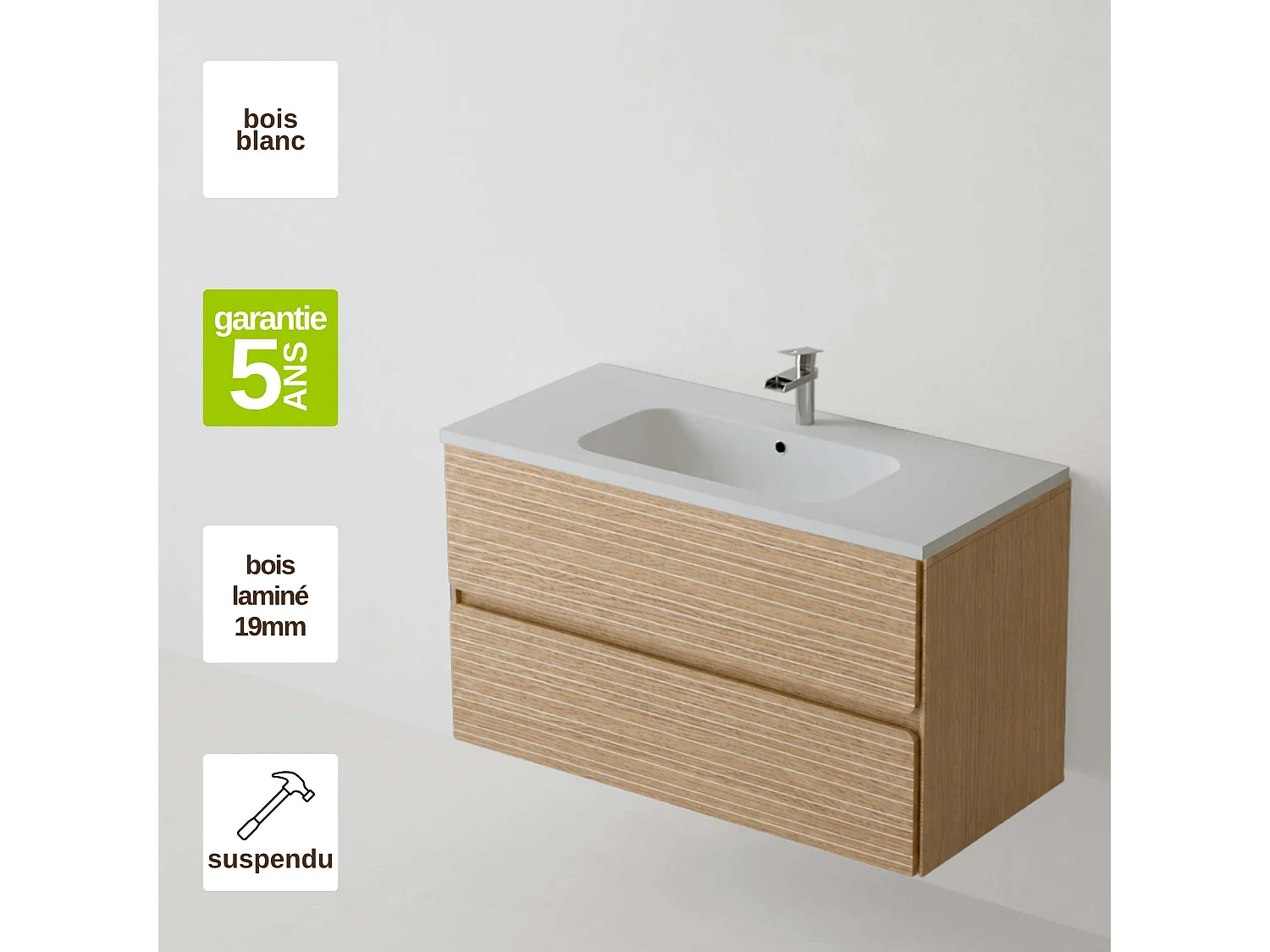 Badkamermeubel 80 cm licht eiken "Mud" met mat witte solid surface wastafel Blow, 2 lades, H54 x P45 cm, Mod. RANDOM