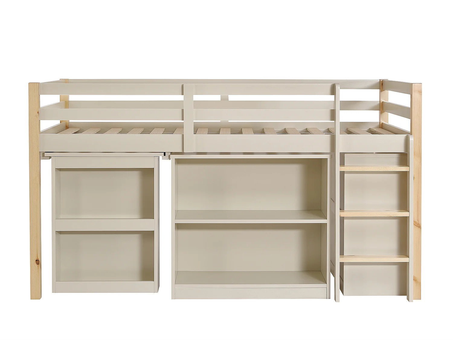 Lit combiné 90 x 190 cm avec rangements et bureau extensible - Pin et MDF - Beige et naturel + Matelas - ABRENO