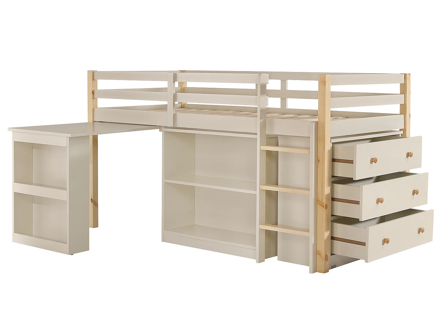 Lit combiné 90 x 190 cm avec rangements et bureau extensible - Pin et MDF - Beige et naturel + Matelas - ABRENO