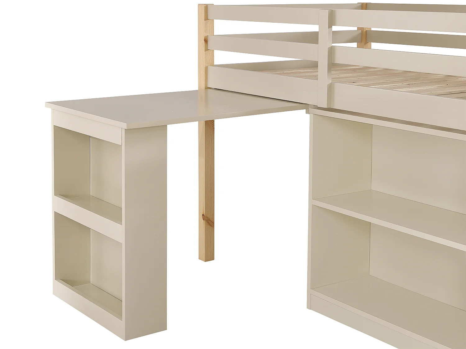 Lit combiné 90 x 190 cm avec rangements et bureau extensible - Pin et MDF - Beige et naturel + Matelas - ABRENO
