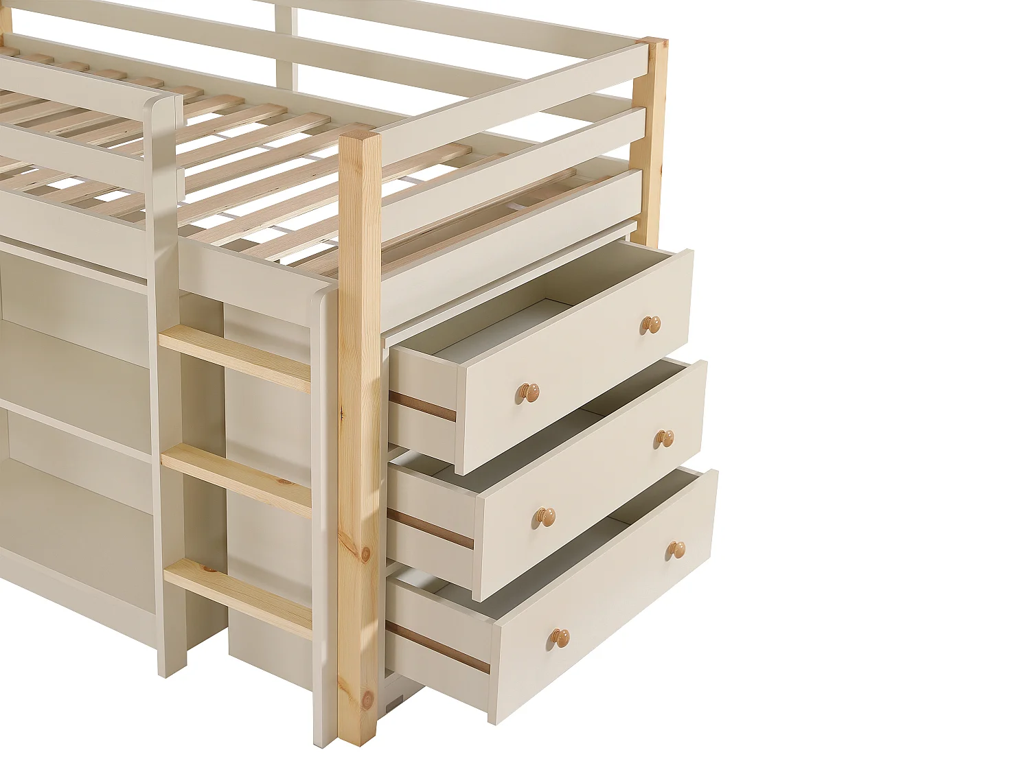 Lit combiné 90 x 190 cm avec rangements et bureau extensible - Pin et MDF - Beige et naturel + Matelas - ABRENO