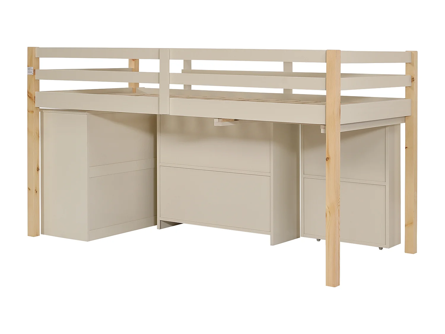 Lit combiné 90 x 190 cm avec rangements et bureau extensible - Pin et MDF - Beige et naturel + Matelas - ABRENO