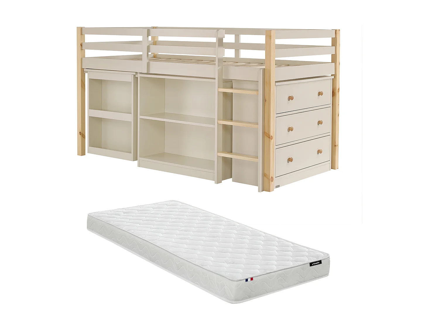 Lit combiné 90 x 190 cm avec rangements et bureau extensible - Pin et MDF - Beige et naturel + Matelas - ABRENO