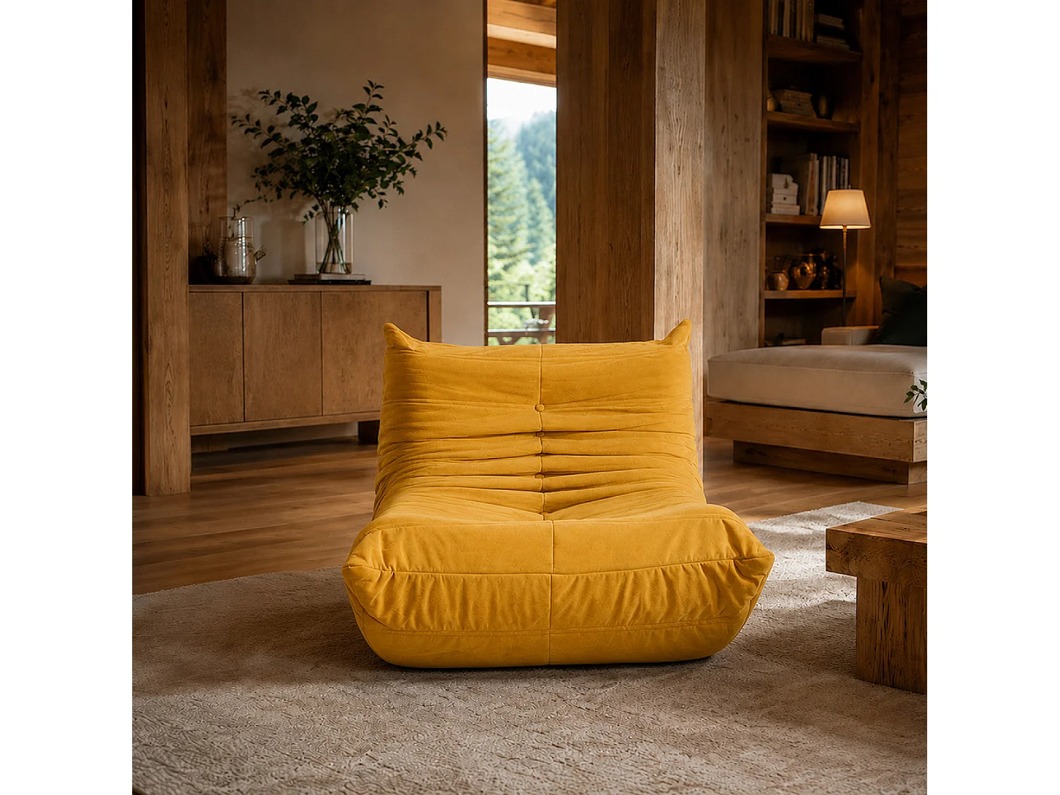 Fauteuil compressé en velours moutarde DERRY