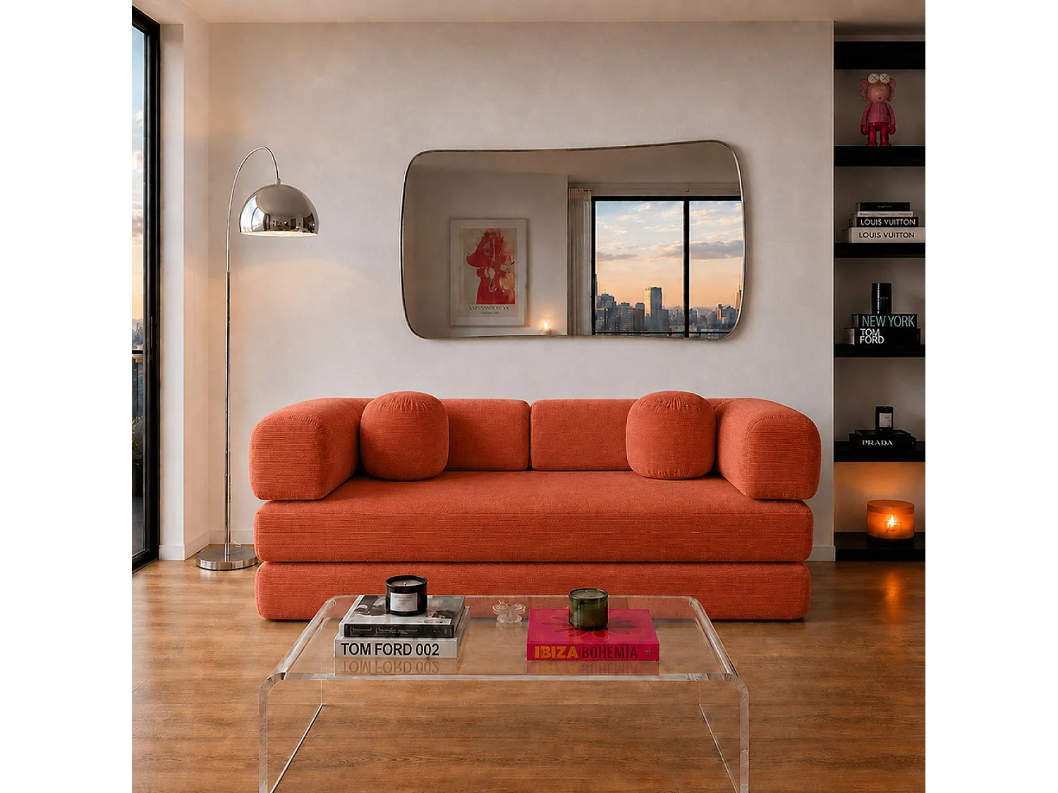 Canapé compressé convertible modulable 3 places en velours côtelé terracotta CROSBY
