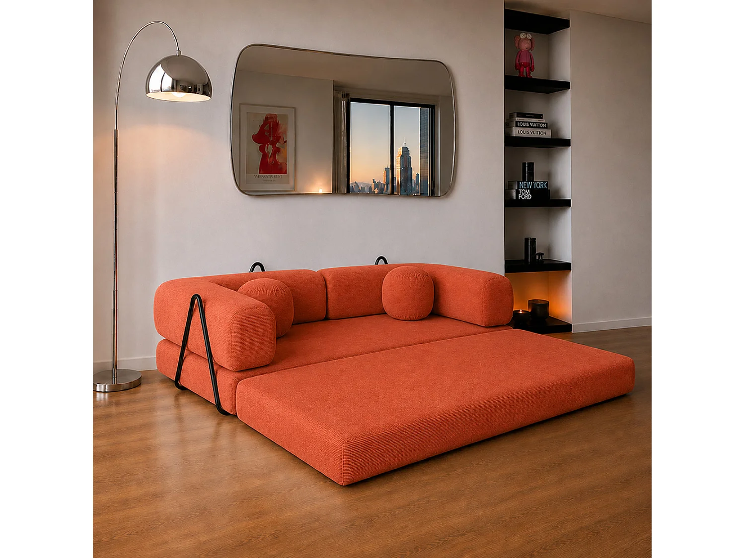 Canapé compressé convertible modulable 3 places en velours côtelé terracotta CROSBY
