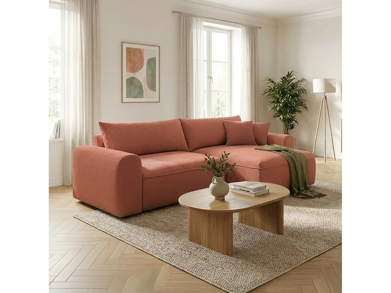 Canapé d'angle convertible 4 places avec coffre en tissu vert BELAIR