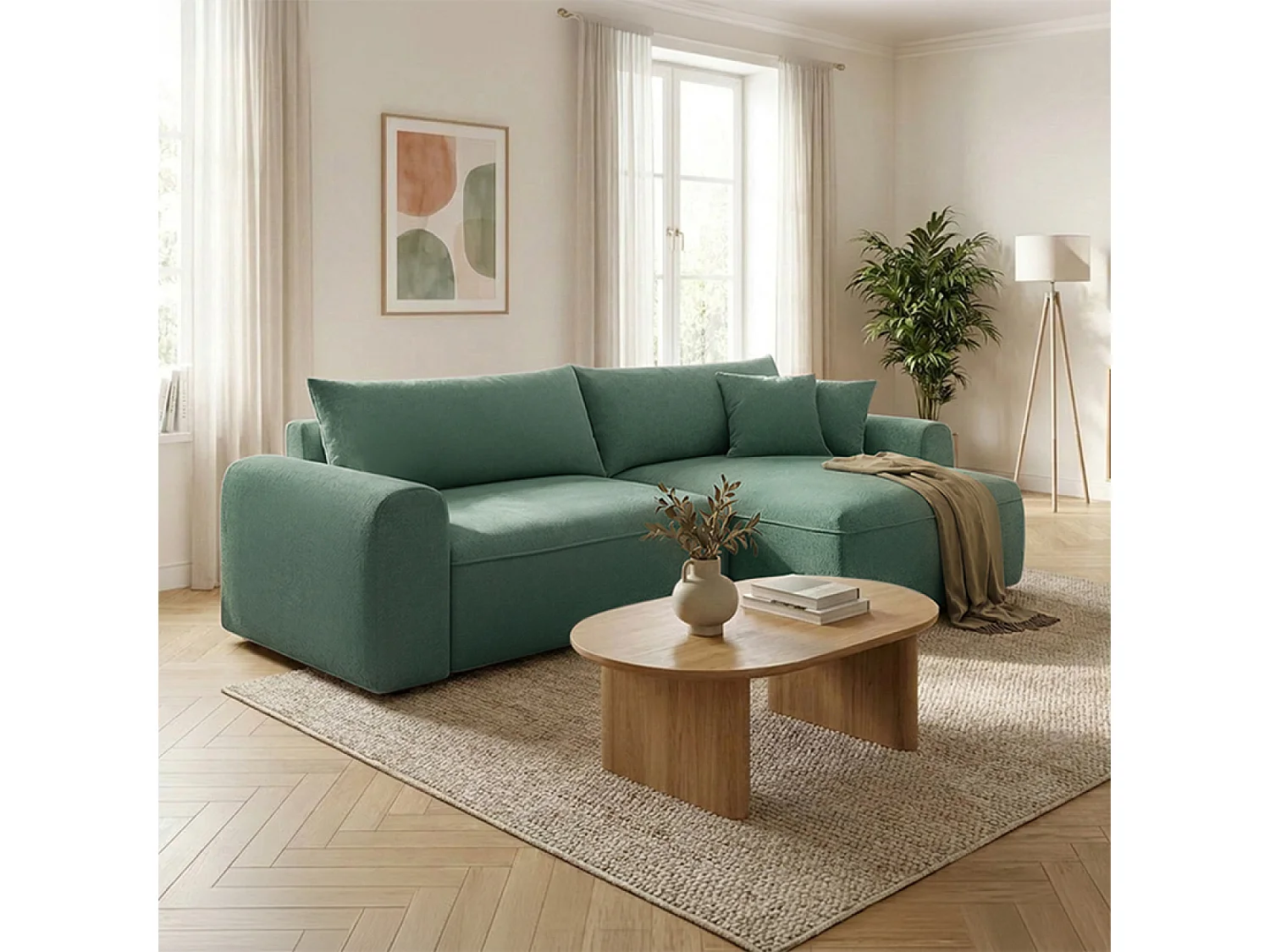 Canapé d'angle convertible 4 places avec coffre en tissu vert BELAIR