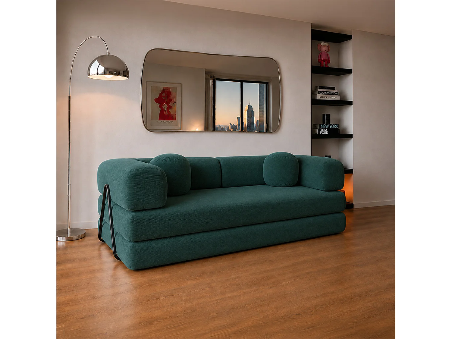 Canapé compressé convertible modulable 3 places en velours côtelé vert CROSBY