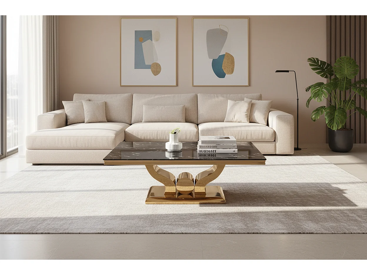 Table Basse Rectangle Verre Trempé Marbré Noir 120x70cm TROFY