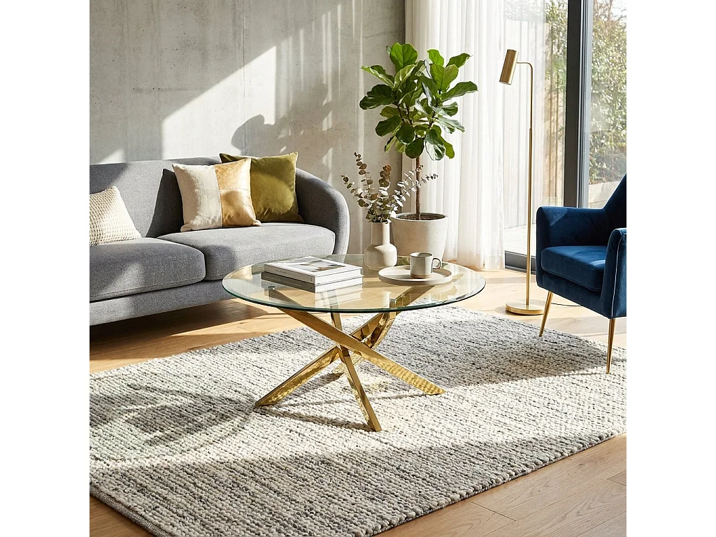 Table basse ronde JESSY pieds Gold et plateau en verre TRANSPARENT 80 cm