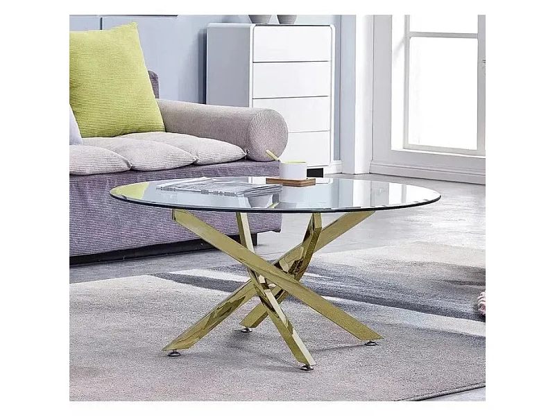 Table basse ronde JESSY pieds Gold et plateau en verre TRANSPARENT 80 cm