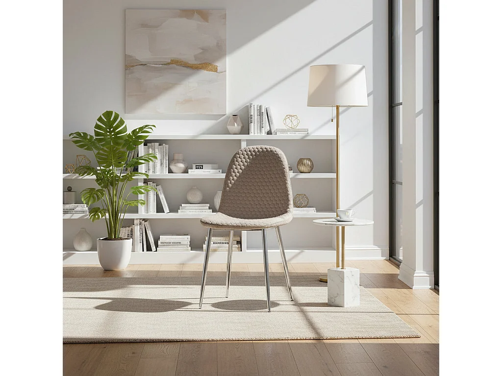 Lot 4 Chaises Salle à Manger Scandinave Alvéole Velours Taupe Pieds Chrome