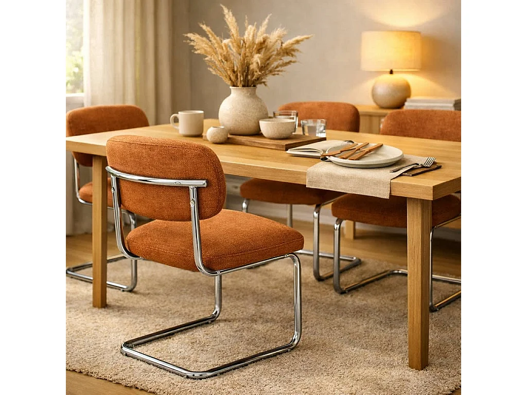 Lot de 4 chaises salle à manger tissu terracotta, pied chrome - ARC