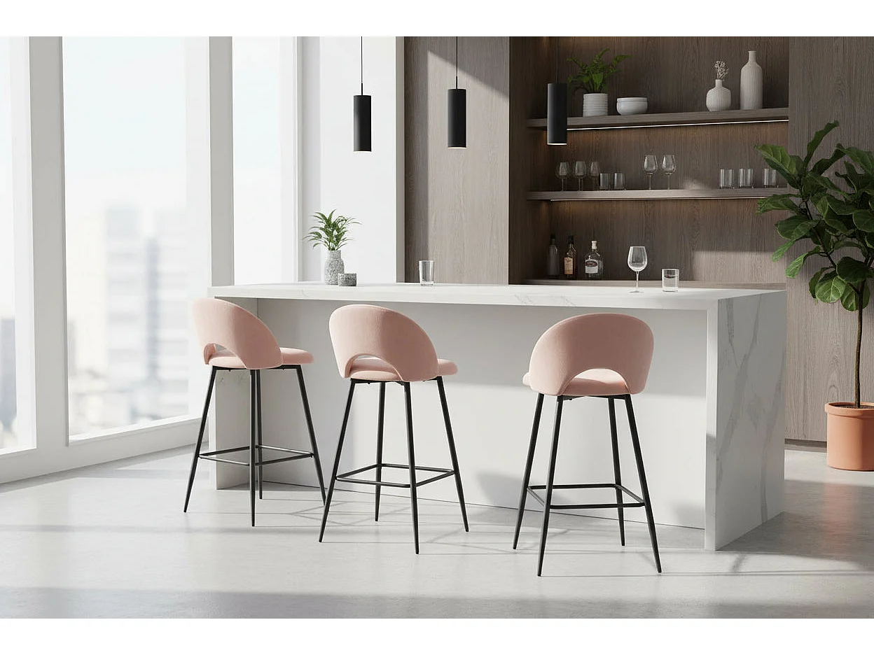 Lot 2 Tabourets de Bar Teddy Velours Rose Pieds Métal Noir 47x36x98cm