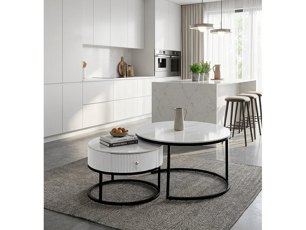Tables basses gigognes céramique marbre blanc métal noir 80+60 cm SAMIRA