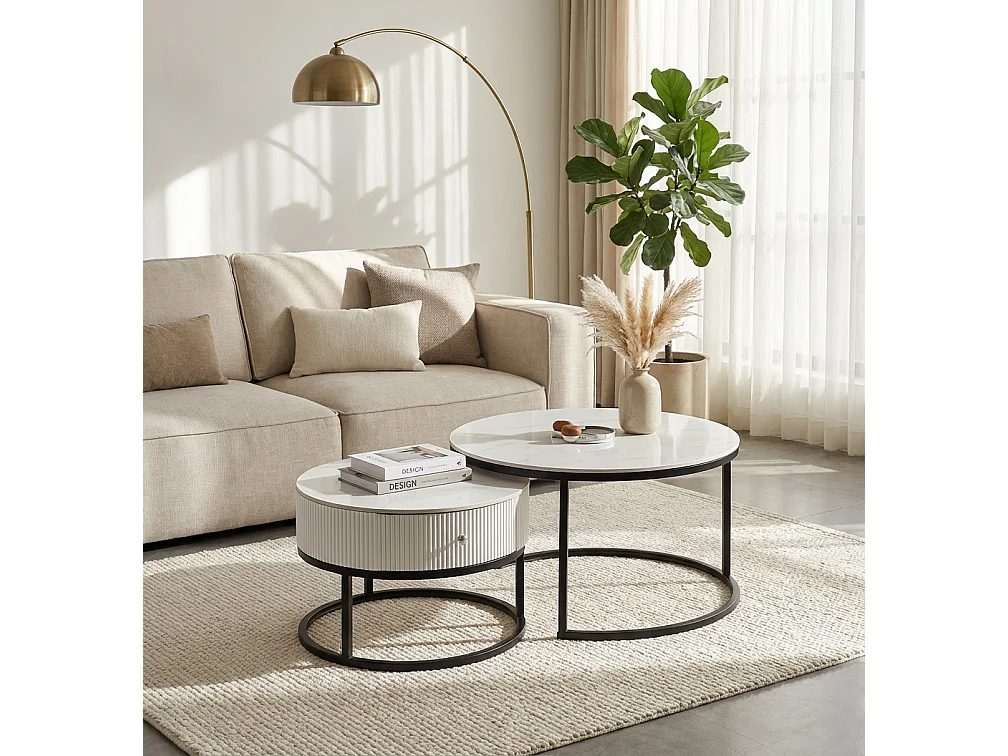 Tables basses gigognes céramique marbre blanc métal noir 80+60 cm SAMIRA