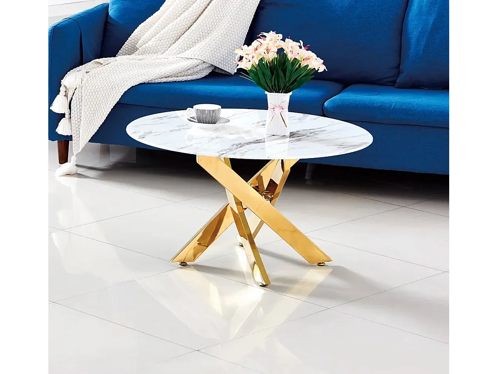 Table basse ronde JESSY pieds Gold et plateau en verre MARBRE BLANC 80 cm
