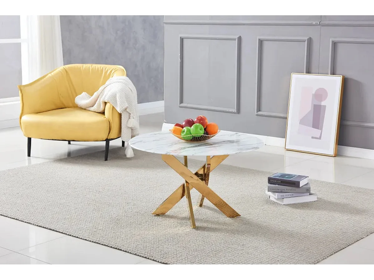 Table basse ronde JESSY pieds Gold et plateau en verre MARBRE BLANC 80 cm