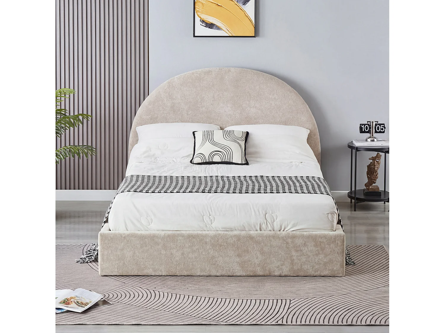 Lit coffre 140x190 beige tête de lit arrondie sommier inclus