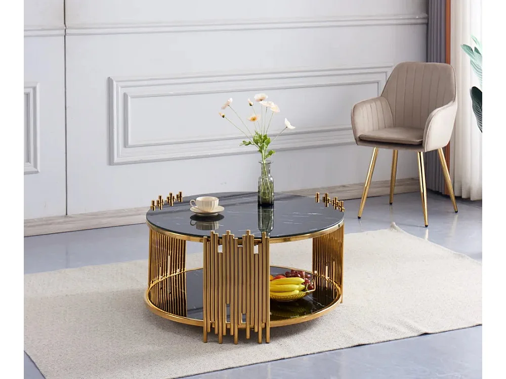 Table Basse ronde STICK Gold et plateau en verre MARBRE NOIR D90 H45 cm