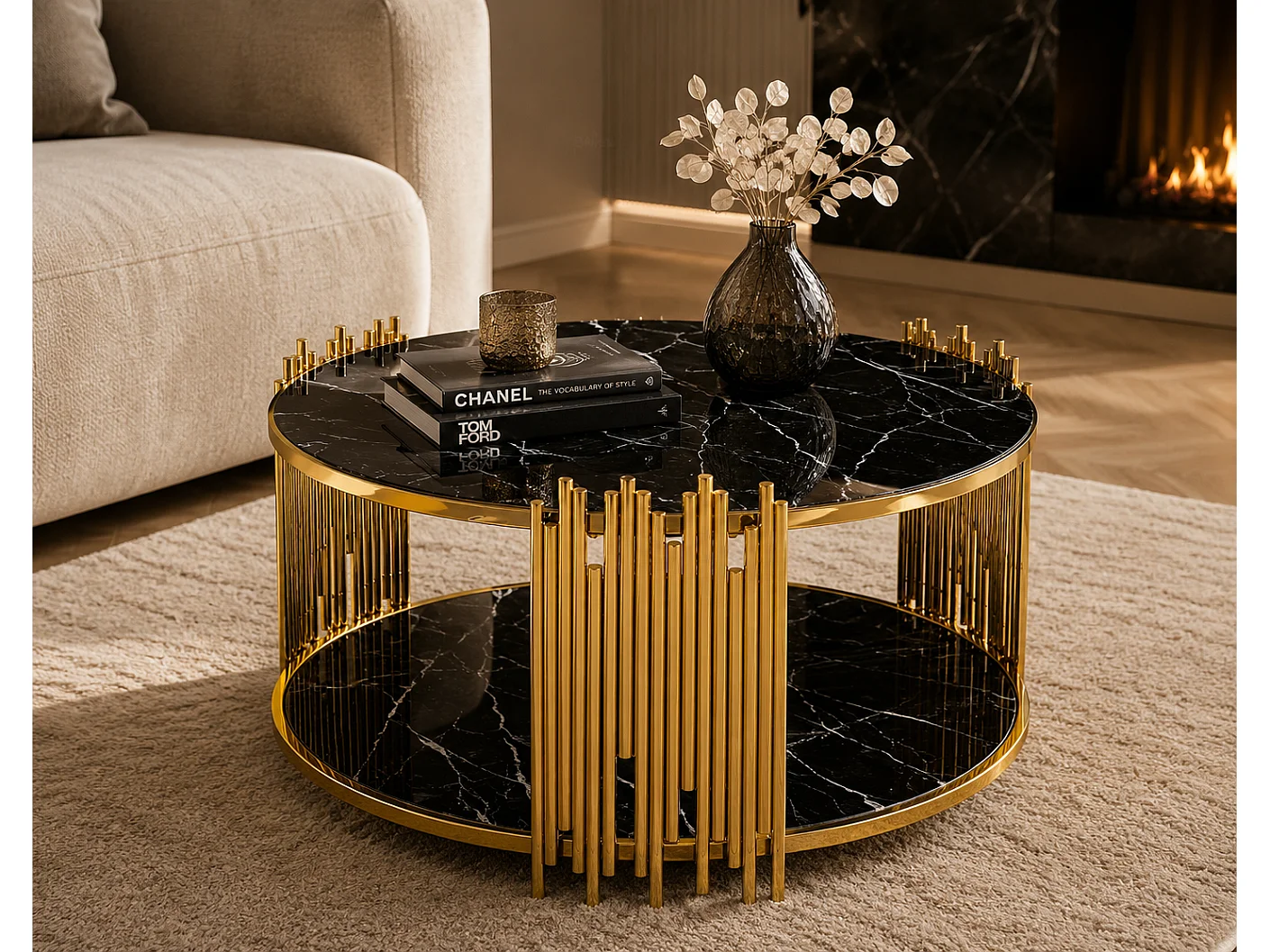 Table Basse ronde STICK Gold et plateau en verre MARBRE NOIR D90 H45 cm