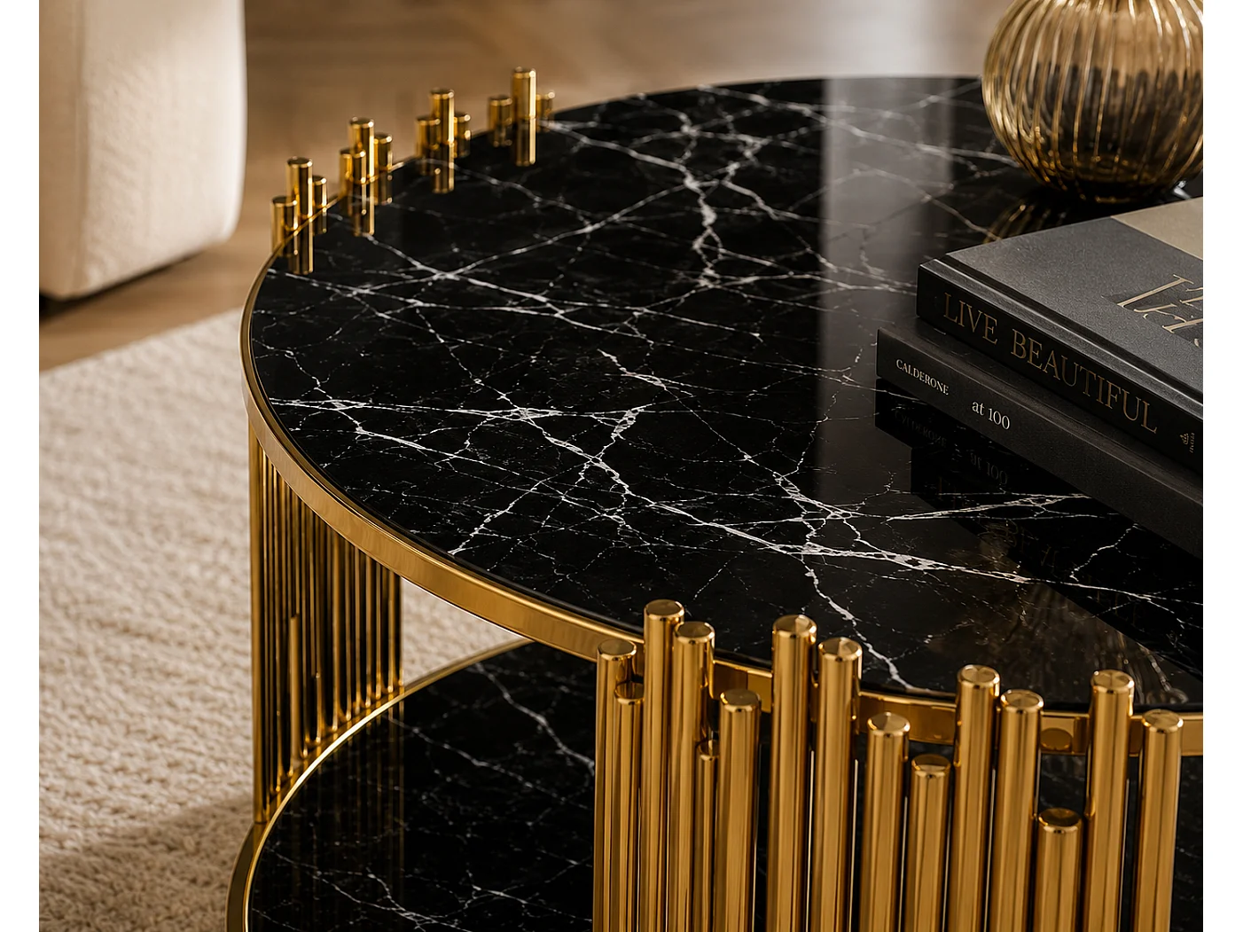 Table Basse ronde STICK Gold et plateau en verre MARBRE NOIR D90 H45 cm