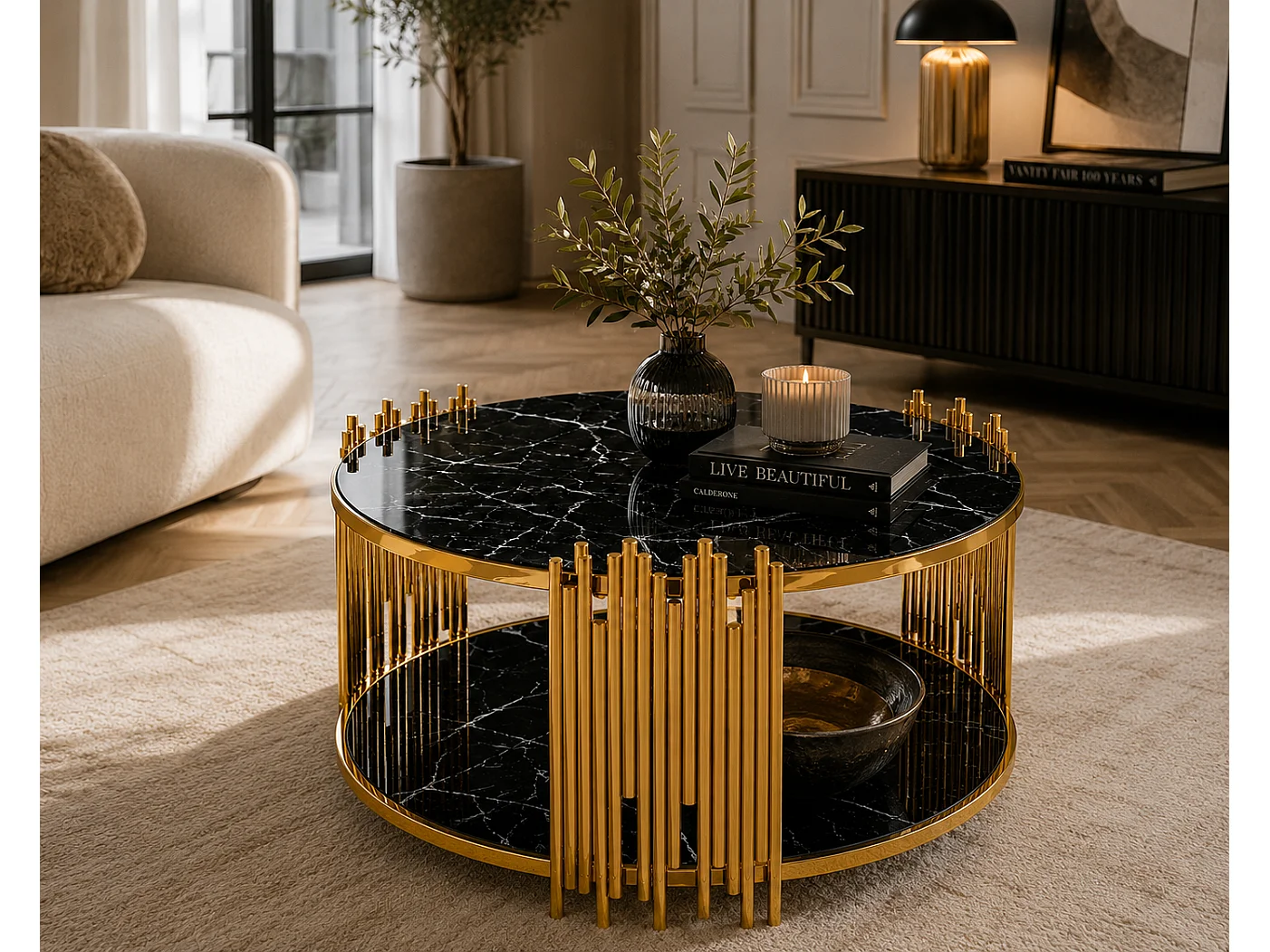 Table Basse ronde STICK Gold et plateau en verre MARBRE NOIR D90 H45 cm