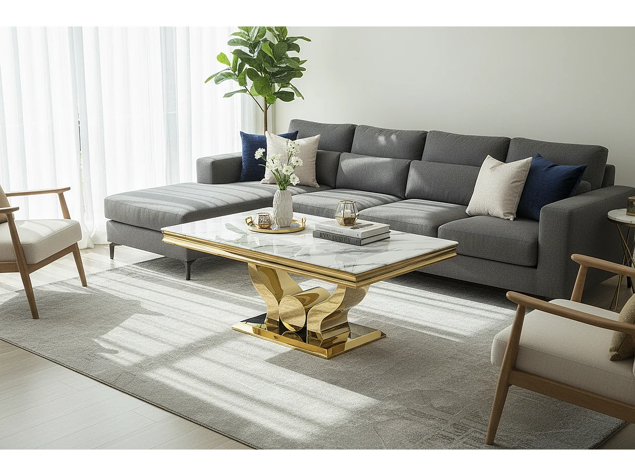 Table Basse Rectangle Verre Trempé Marbré Blanc 120x70cm TROFY