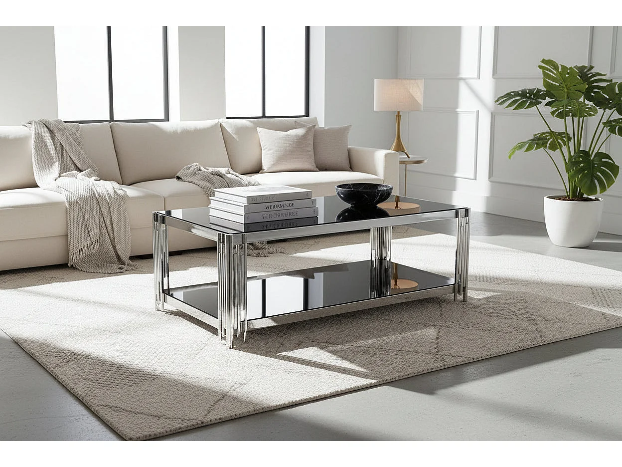 Table Basse FLUTE Rectangle Double Plateau Verre Trempé Noir Structure Chrome 120x60x45cm
