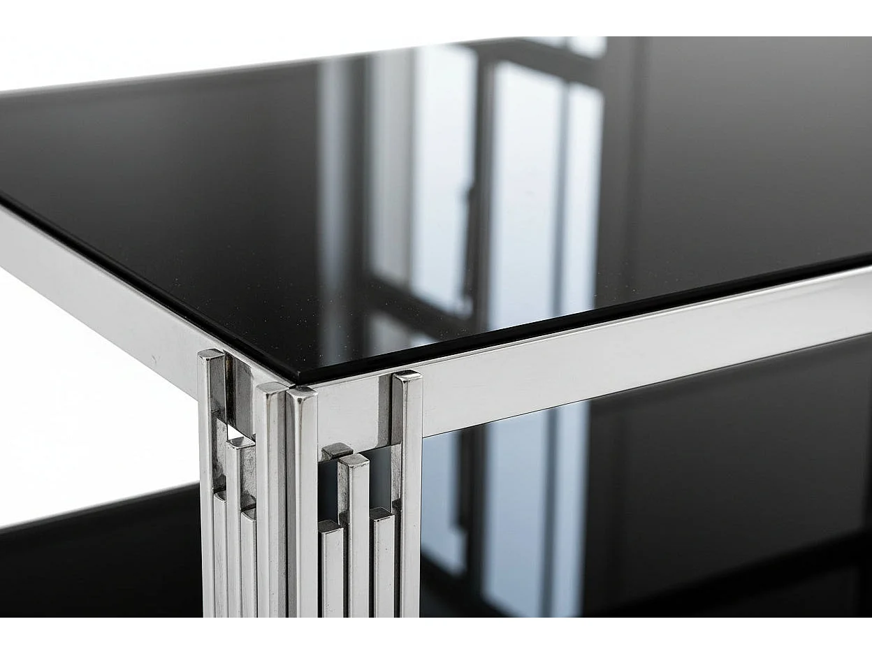 Table Basse FLUTE Rectangle Double Plateau Verre Trempé Noir Structure Chrome 120x60x45cm