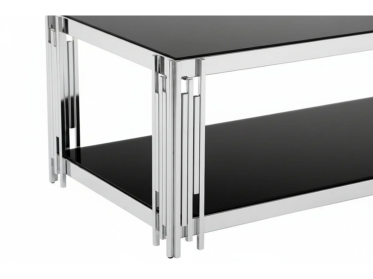 Table Basse FLUTE Rectangle Double Plateau Verre Trempé Noir Structure Chrome 120x60x45cm