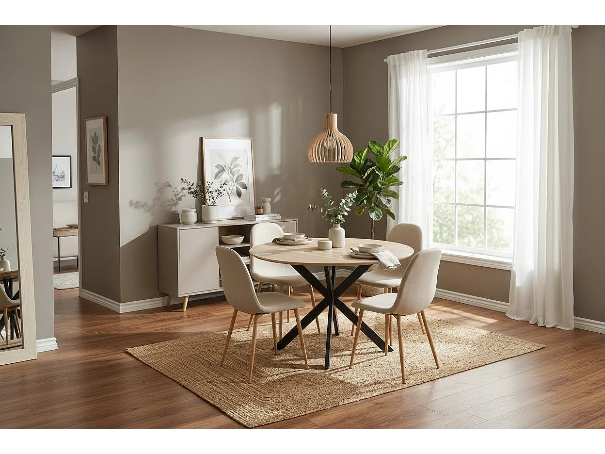 Ensemble table ronde chêne 100 cm + 4 chaises tissu beige JESSICA