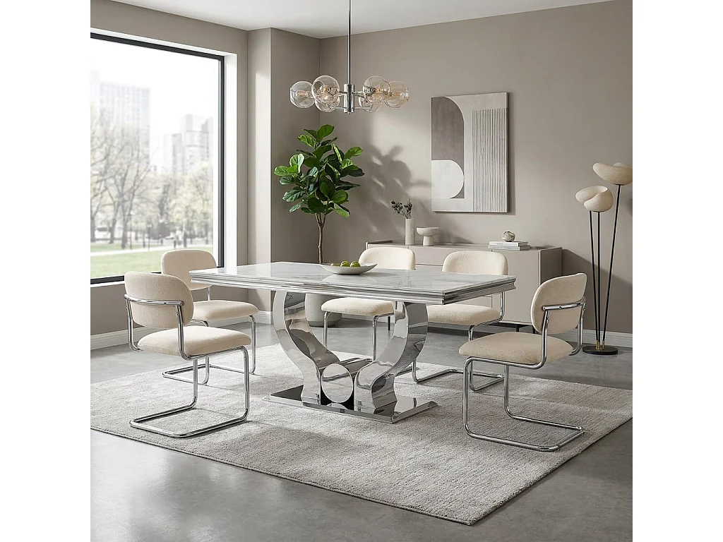 Lot de 4 chaises salle à manger tissu beige, pied chrome - ARC