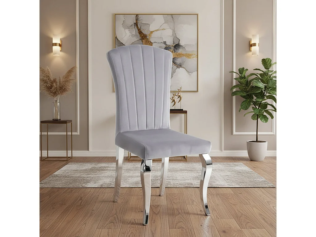 Ensemble Table à manger 150cm Marbré + 6 Chaises Velours Gris Pieds Chromés