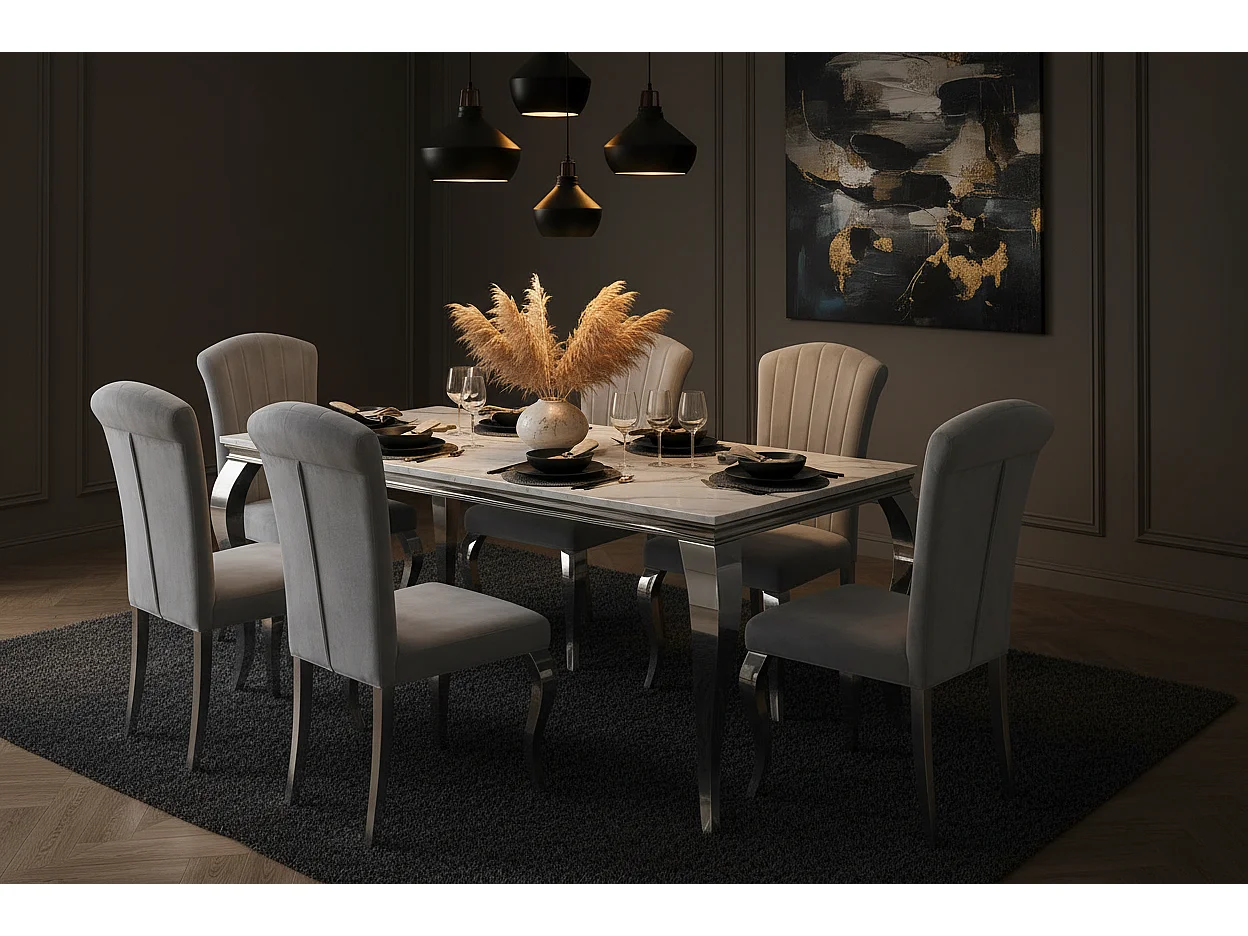 Ensemble Table à manger 150cm Marbré + 6 Chaises Velours Gris Pieds Chromés