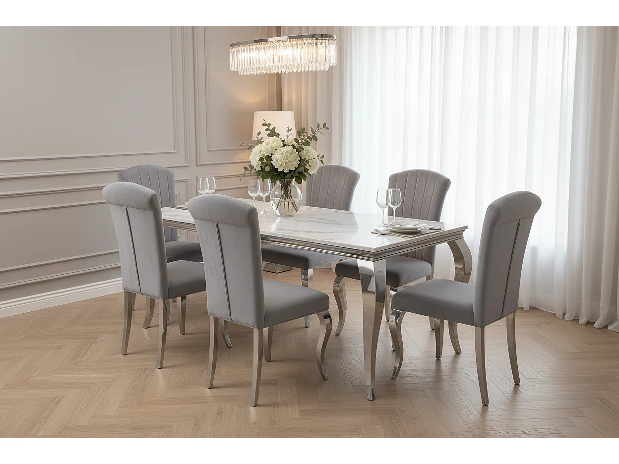 Ensemble Table à manger 150cm Marbré + 6 Chaises Velours Gris Pieds Chromés