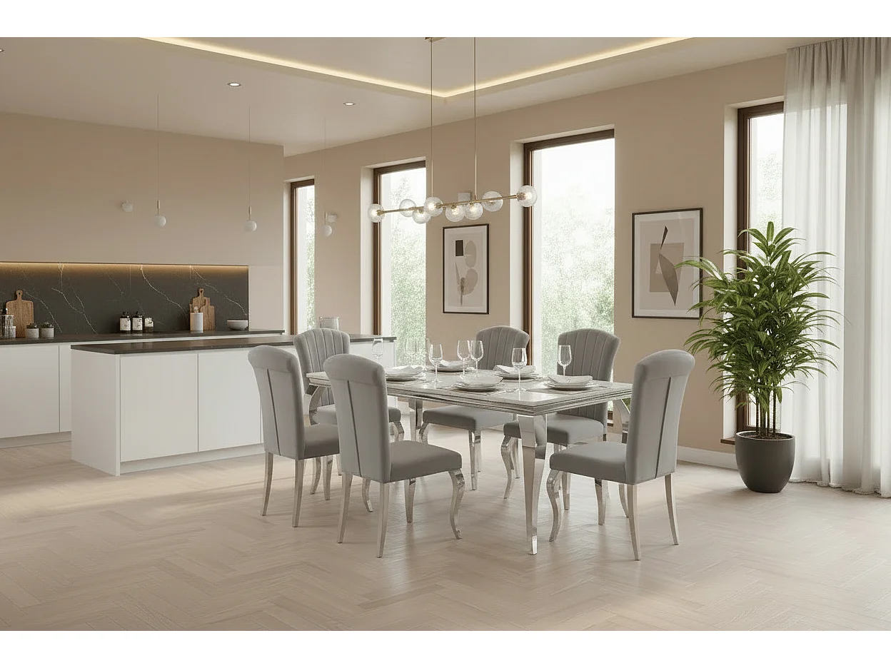 Ensemble Table à manger 150cm Marbré + 6 Chaises Velours Gris Pieds Chromés