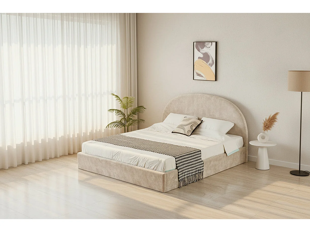 Lit coffre 180x200 beige tête de lit arrondie sommier inclus
