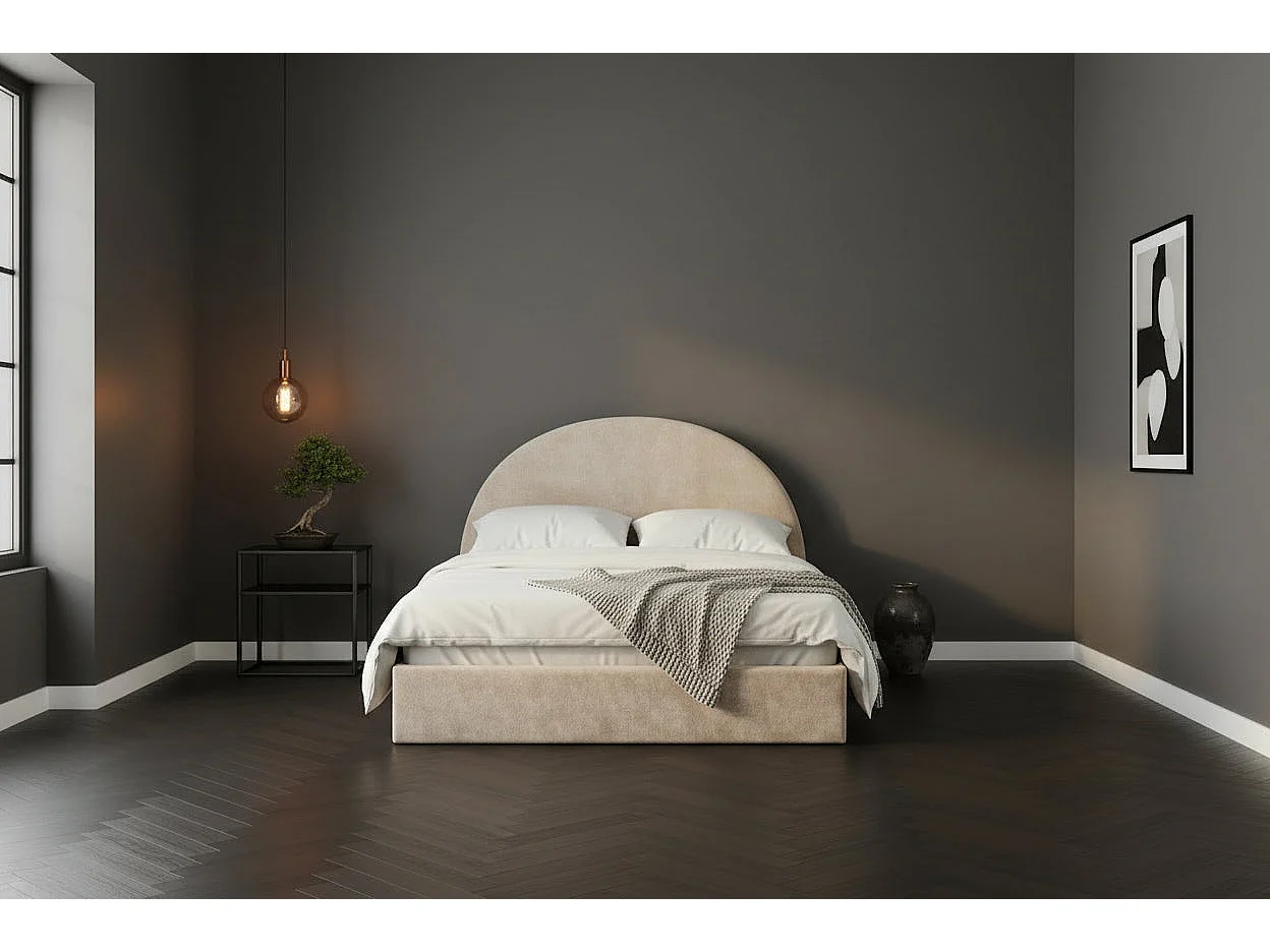 Lit coffre 180x200 beige tête de lit arrondie sommier inclus